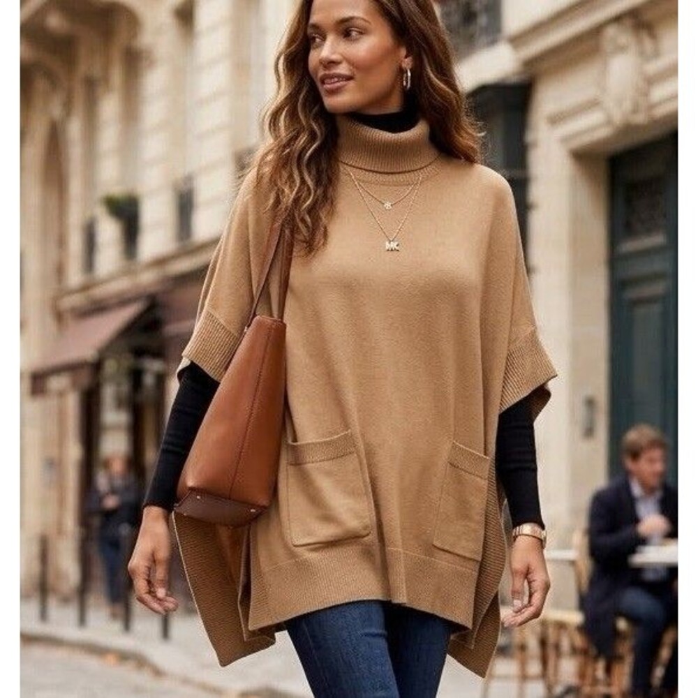 Michael Kors Camel Turtleneck Poncho Sweater Oversized Cape Ribbed Knit Pockets